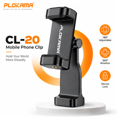 Plokama CL-20 Universal Phone Clip Head for Tripod – 360° Rotatable Smartphone Mount Holder with Anti-Slip Grip for Vlogging, Photography & Live Streaming